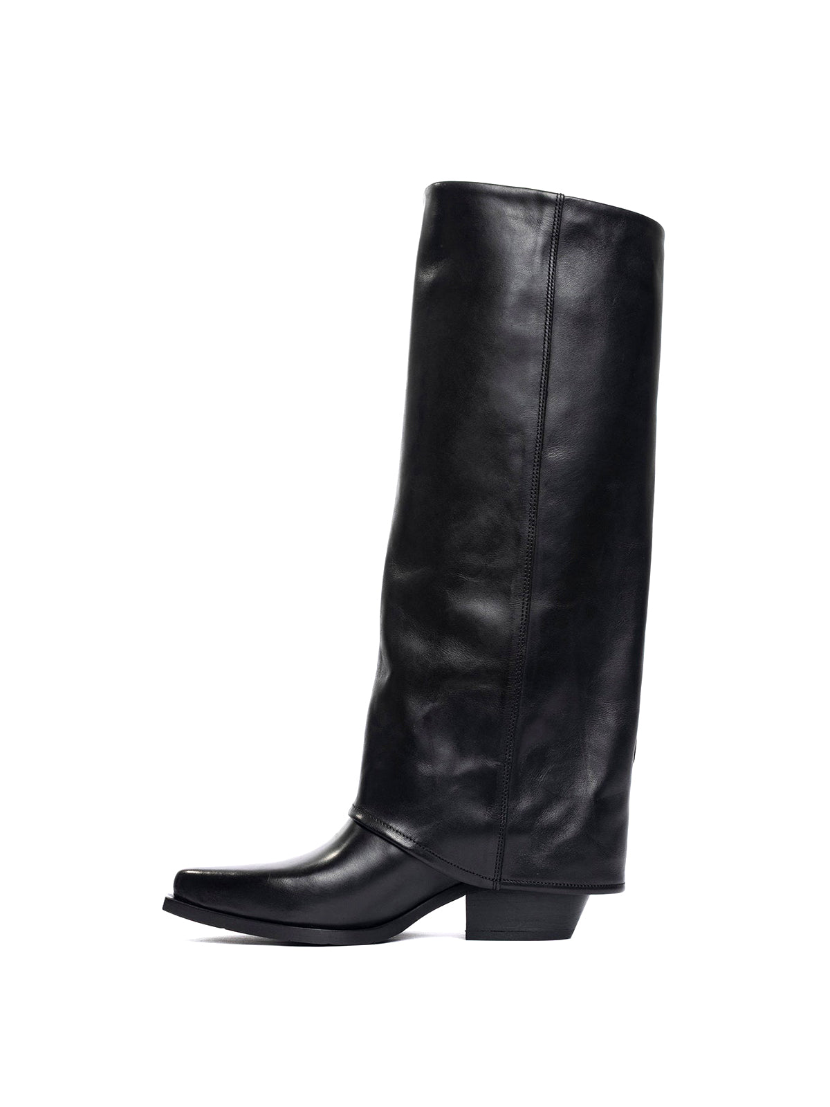 Black Snip-Toe Three Buckle Straps Fold-Over Wide Calf Knee High Cowgirl Boots