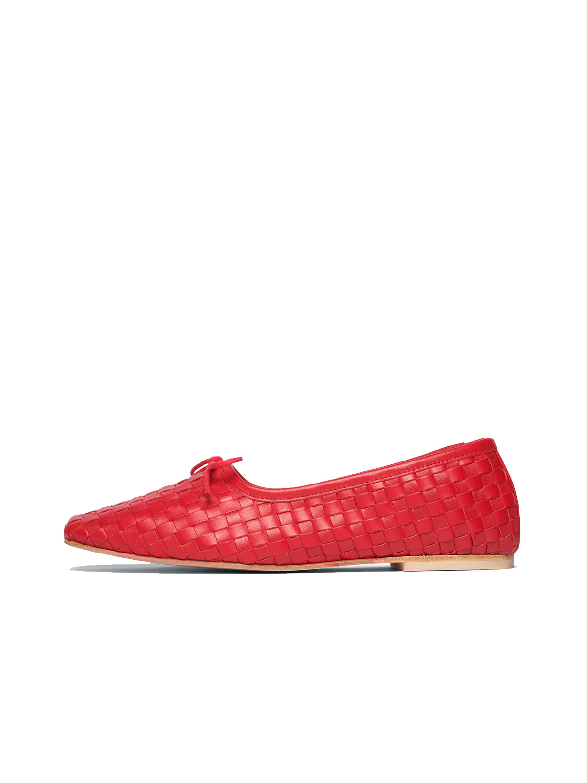 Vegan Leather Woven Square-Toe Bow Ballet Flats - Red