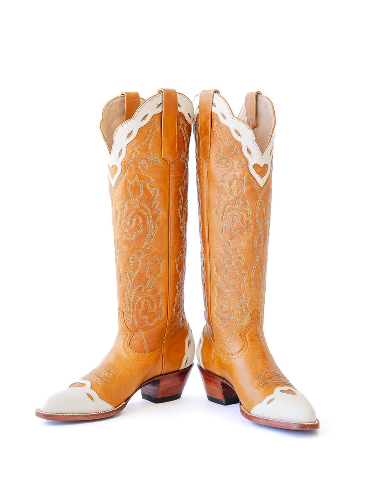 Contrast Honey And Ivory Almond-Toe Embroidery Hearts Inlay Wide Calf Knee High Cowgirl Boots