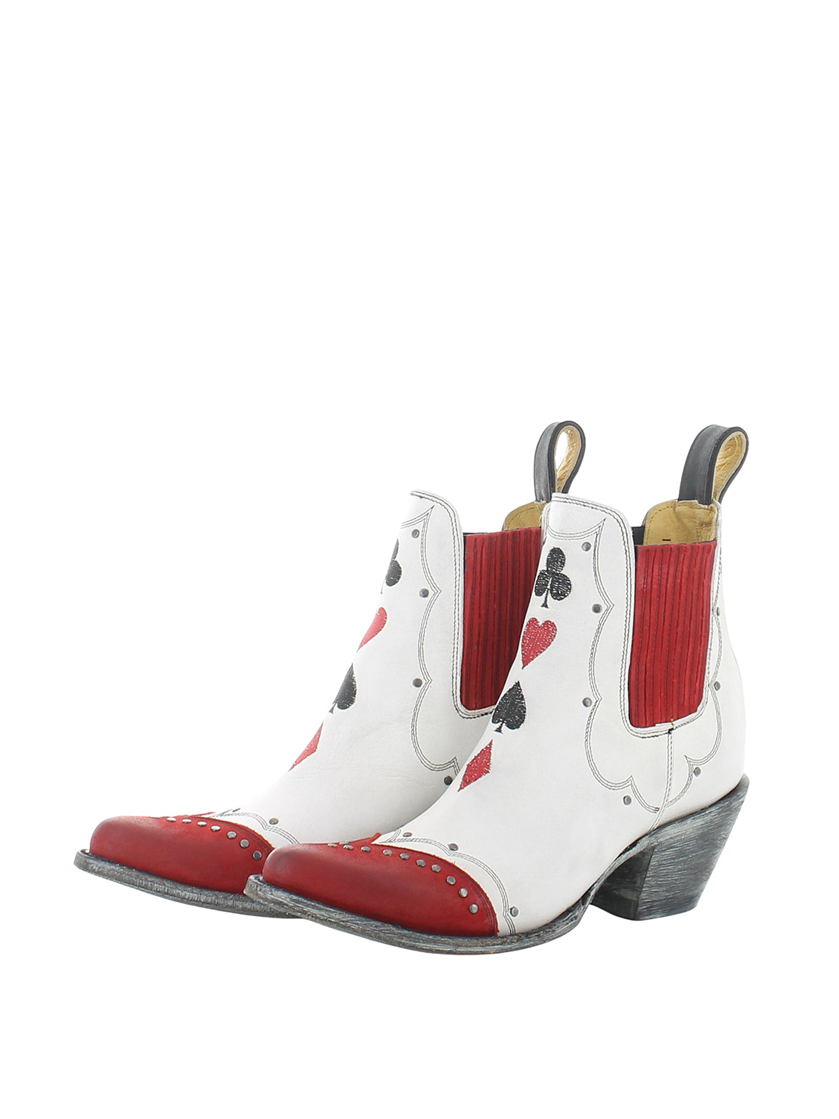 Contrast White And Red Almond-Toe Playing Card Embroidery Studs Ankle Cowgirl Boots