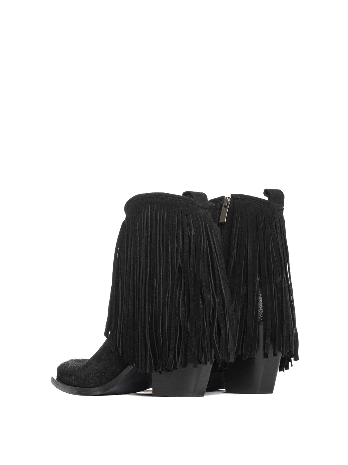 Black Faux Suede Snip-Toe Fringe Full-Zip Ankle Cowgirl Boots