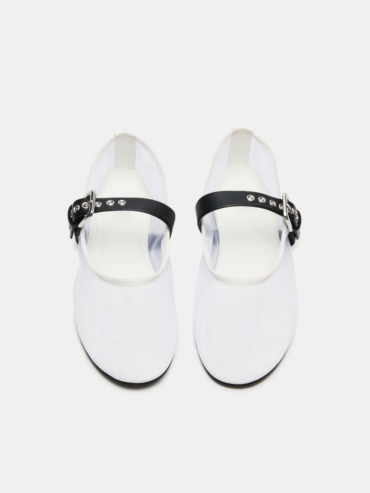 White Mesh Round-Toe Bridge Buckle Strap Ballet Flats
