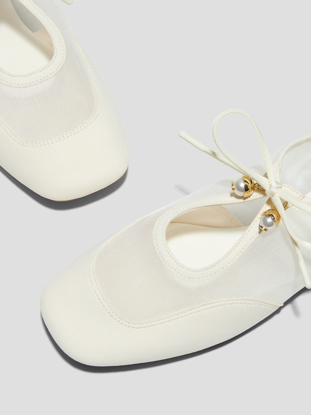 Ivory Mesh And Faux Suede Square-Toe Floral Embroidery Bridge Bow Strap Flats