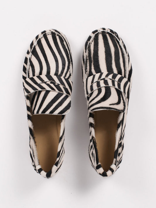 Zebra Print Pony Hair Vegan Leather Round-Toe Slip-On Chic Flats