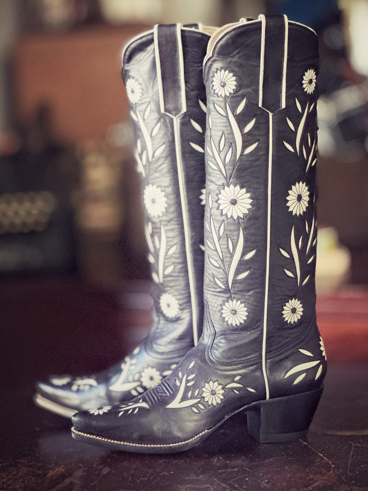 Black Pointed-Toe White Sunflower Inlay Wide Calf Knee High Cowgirl Boots