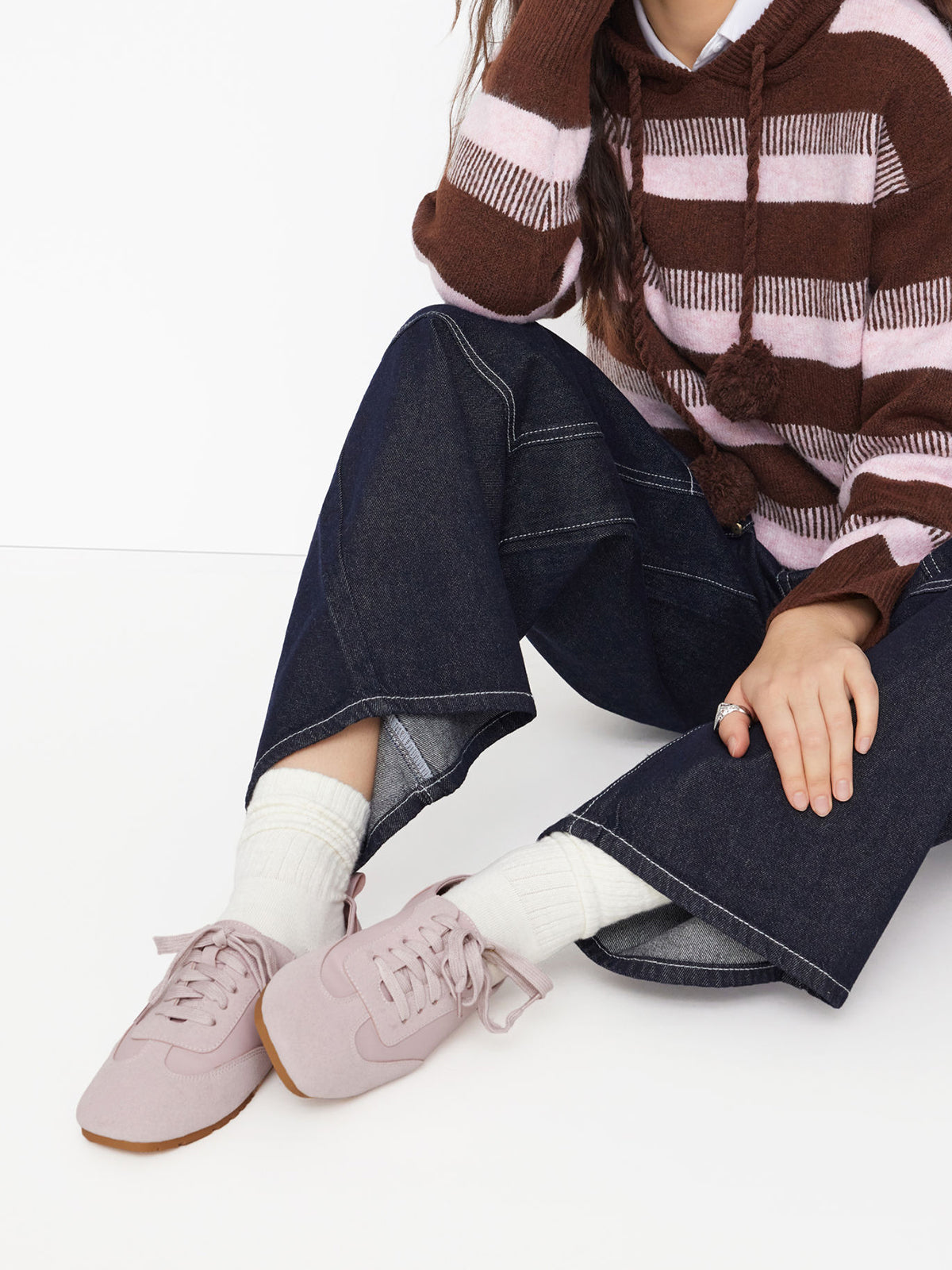 Gray Purple Cow Suede And Cow Leather Square-Toe Lace-Up Flats Sneakers