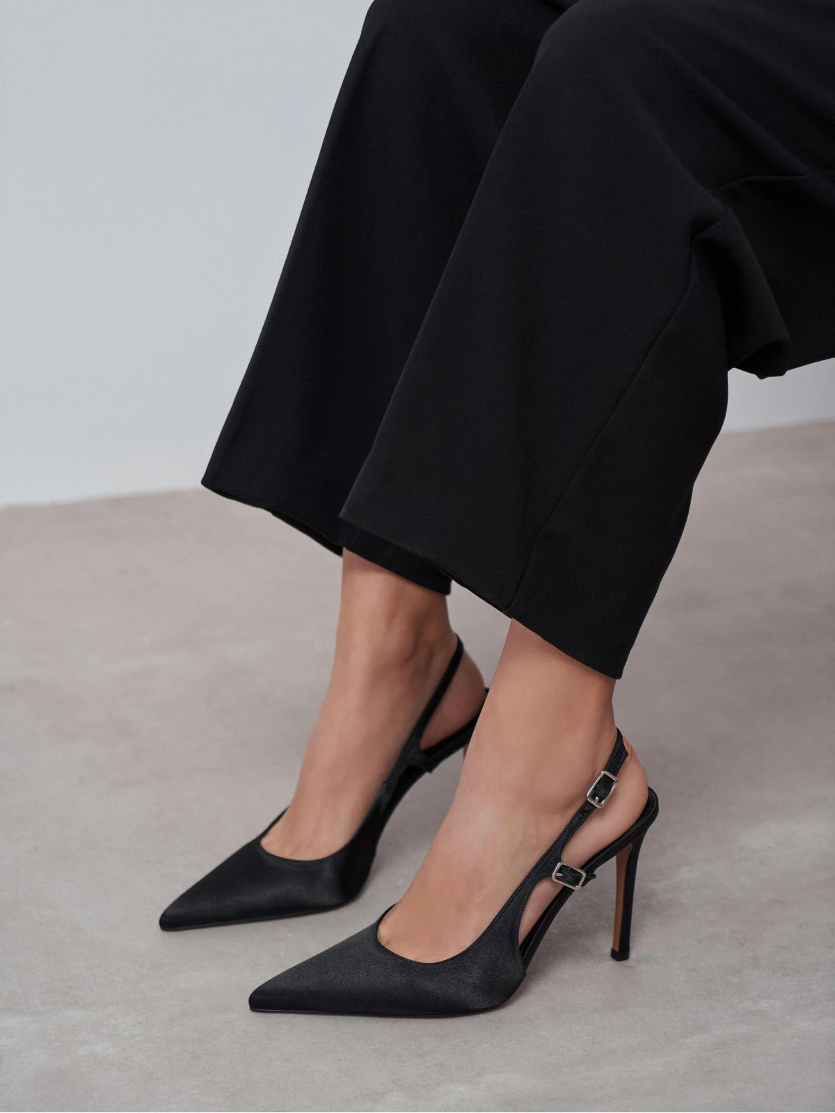 Satin Pointed-Toe Buckle Back Strap Chic High Heels - Black