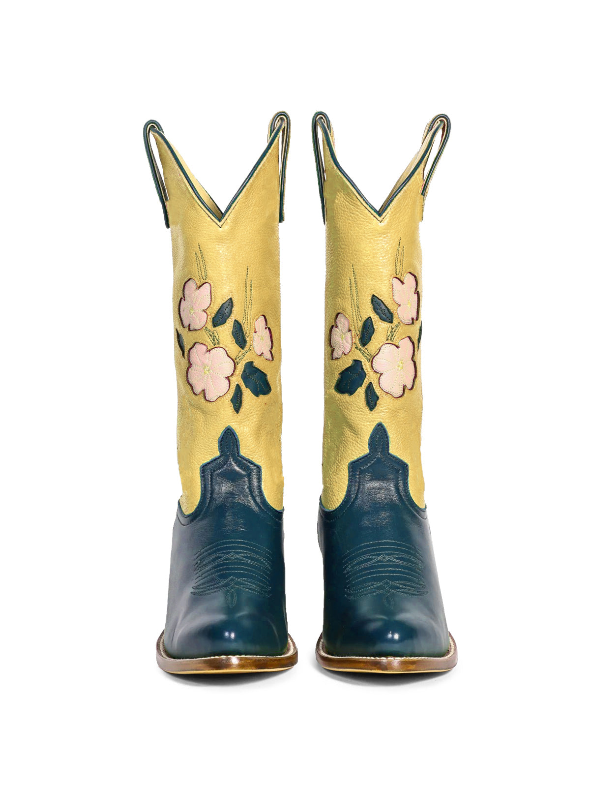 Contrast Yellow And Blue Almond-Toe Fresh Flower Inlay Mid Calf Cowgirl Boots