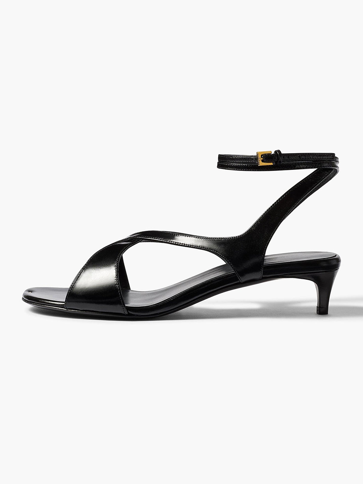 Black Square-Toe Crossed Straps Back And Ankle Strap Kitten Heels