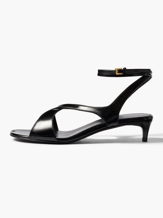 Black Square-Toe Crossed Straps Back And Ankle Strap Kitten Heels