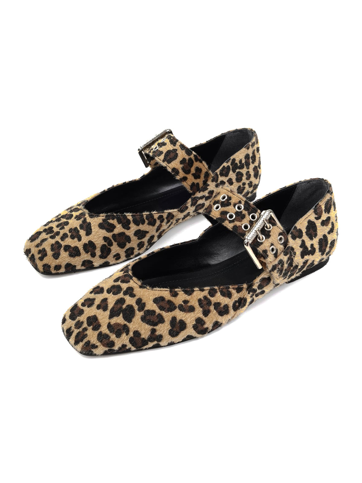 Leopard Print Square-Toe Buckle Bridge Strap With Eyelets Ballet Flats