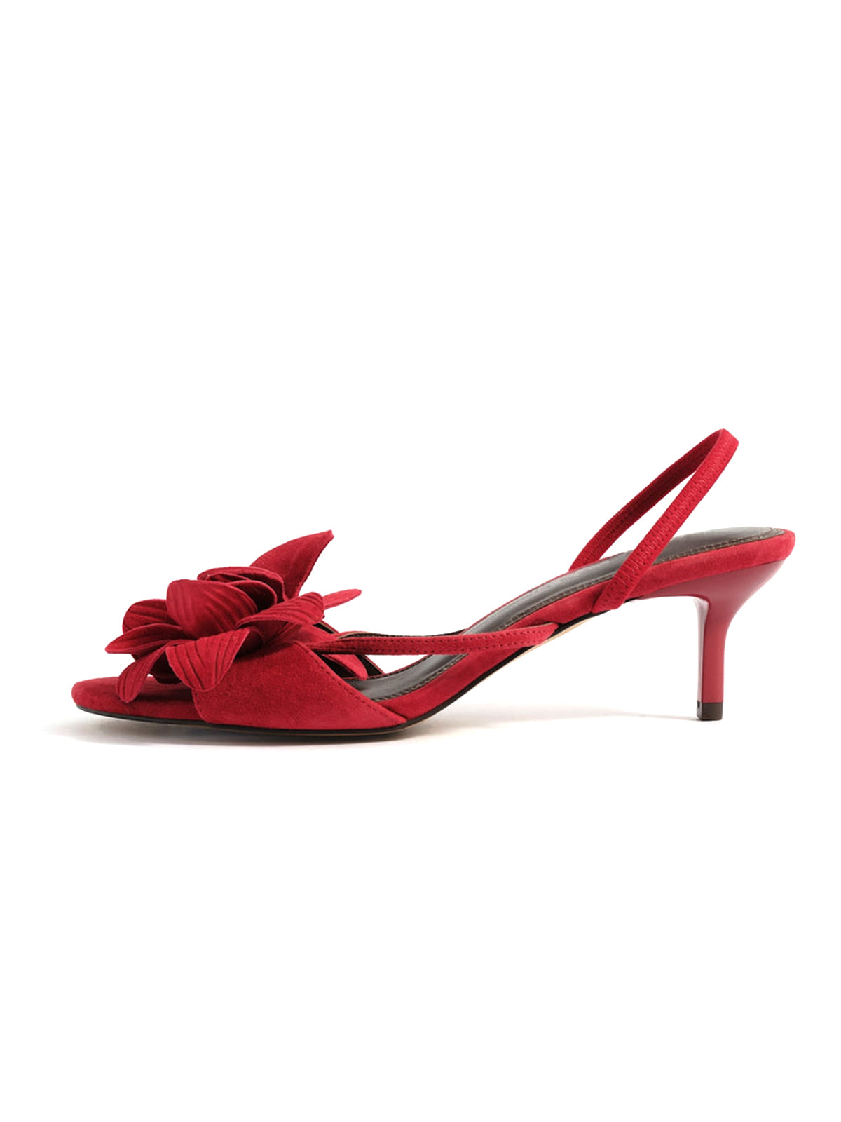 Red Cow Suede Round-Toe Front 3D Flower Detail Back Strap Kitten Heels