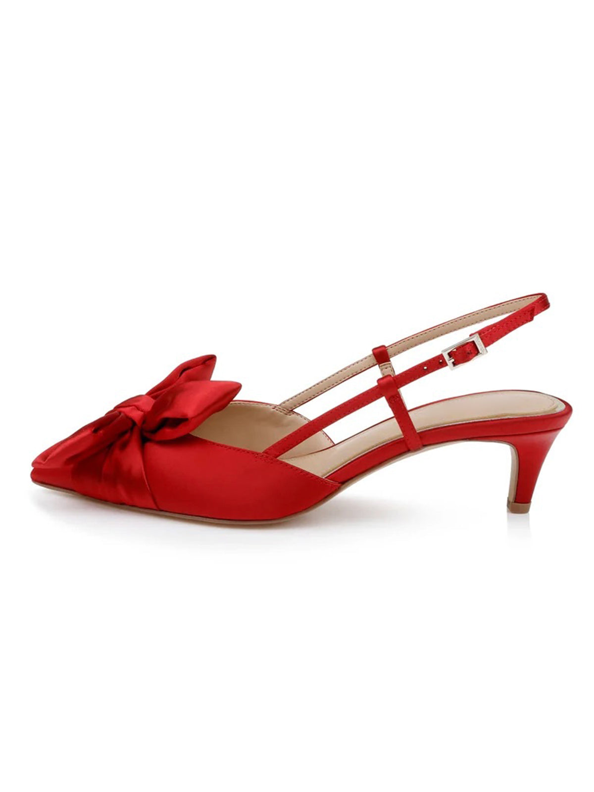 Red Satin Pointed-Toe Front Bow Slip-On Slingback Chic Kitten Heels