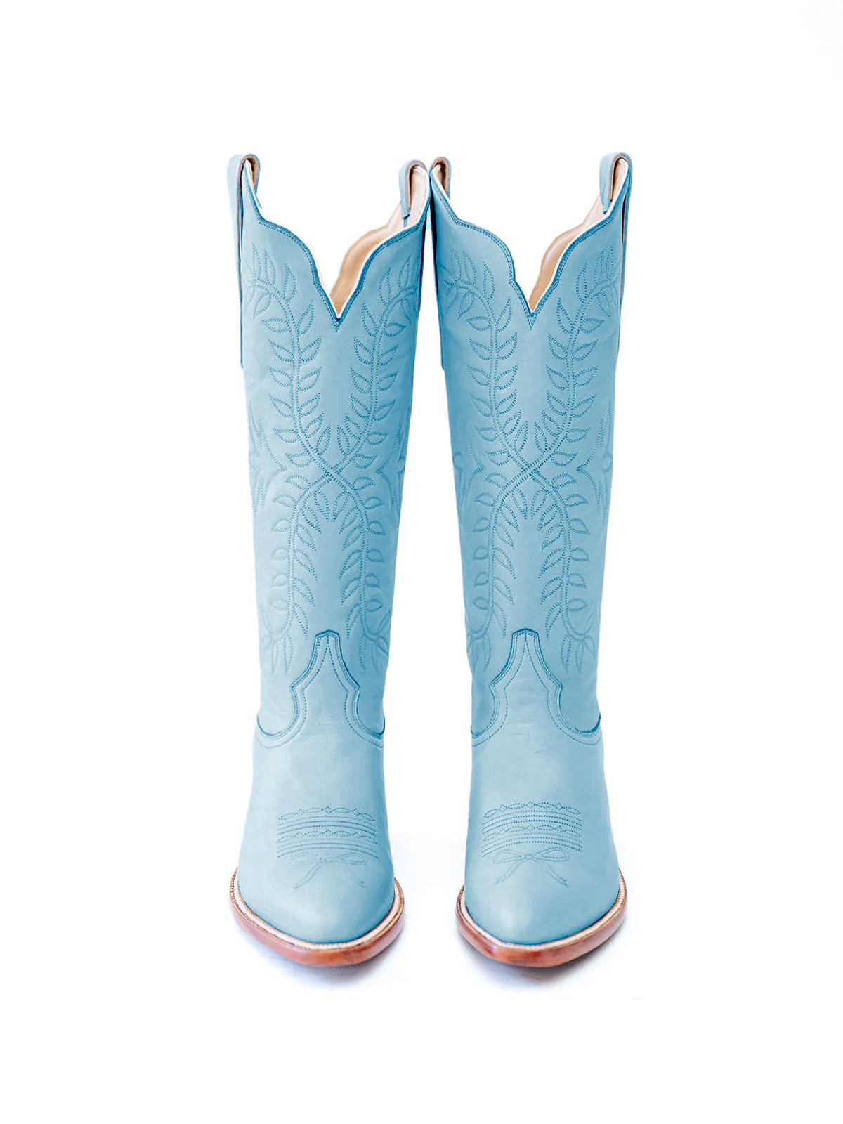 Leaves Embroidery Almond-Toe Wide Knee High Cowgirl Boots - Blue