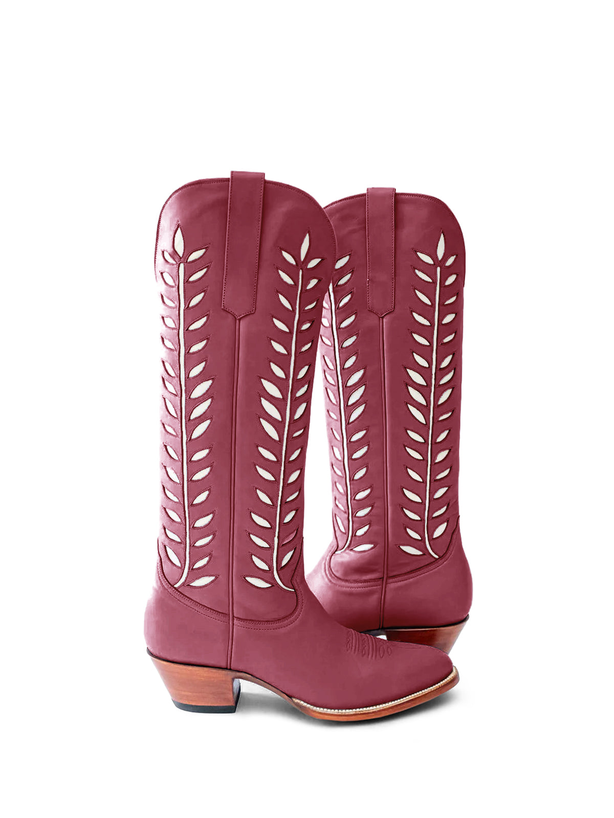 Широки каубойски ботуши с инкрустация от бели листа и бадемови пръсти - виненочервени