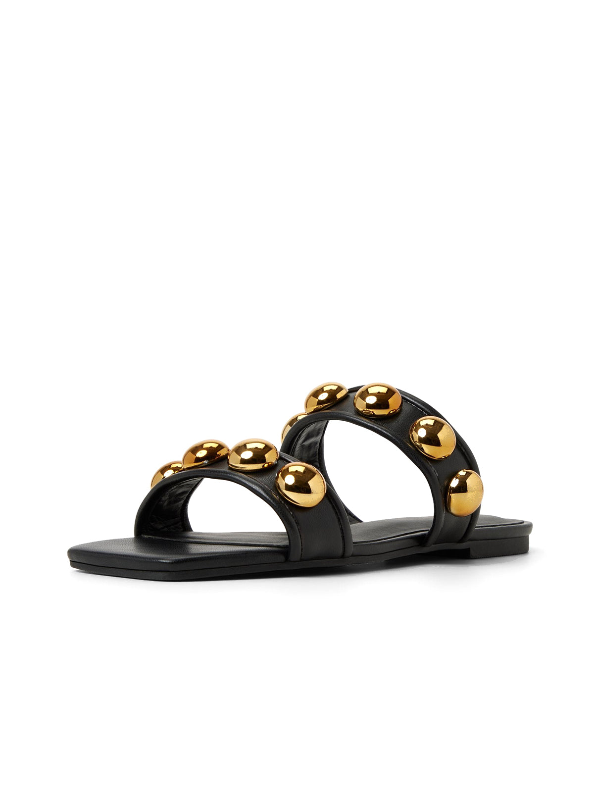 Black Square-Toe Double Straps With Studs Flats
