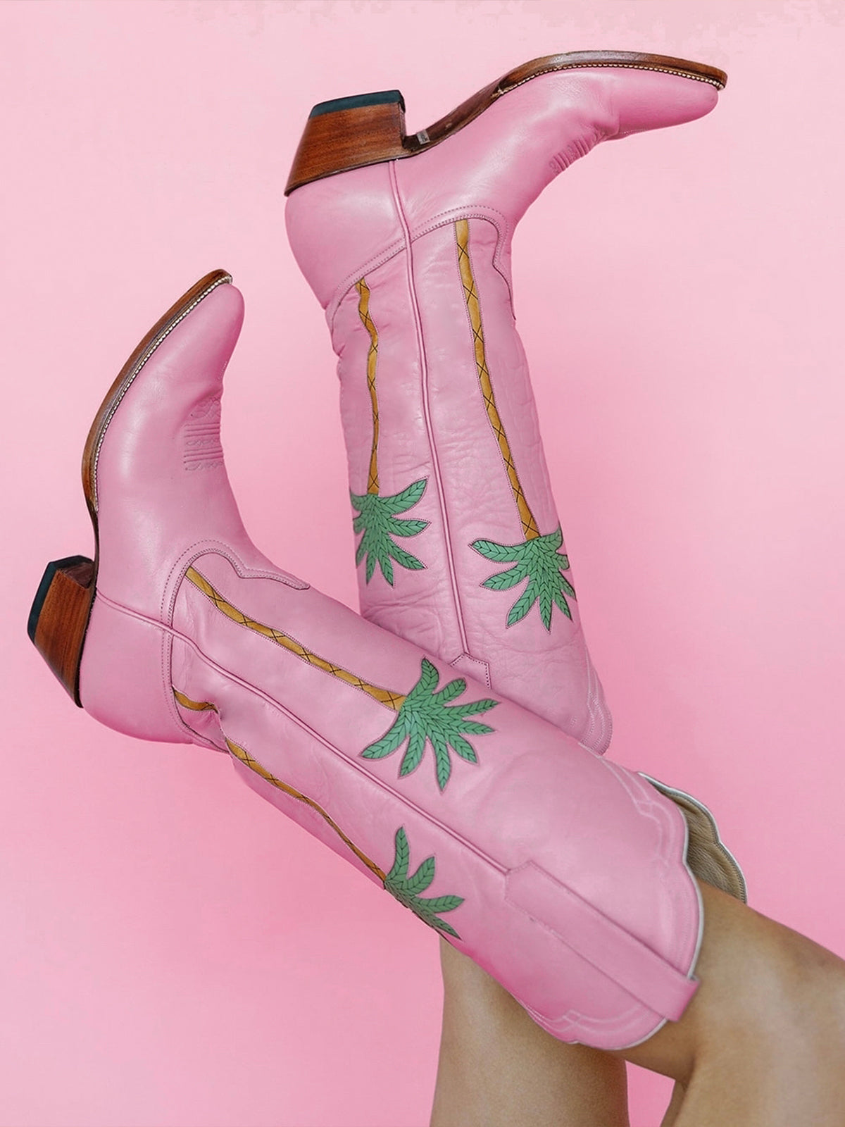Pink Wide Calf Western Boots Knee High Boots With Green Palm Inlay Fuchsia Boots Pink Wide Calf Western Boots Knee High Boots With Green Palm Inlay Fuchsia Boots