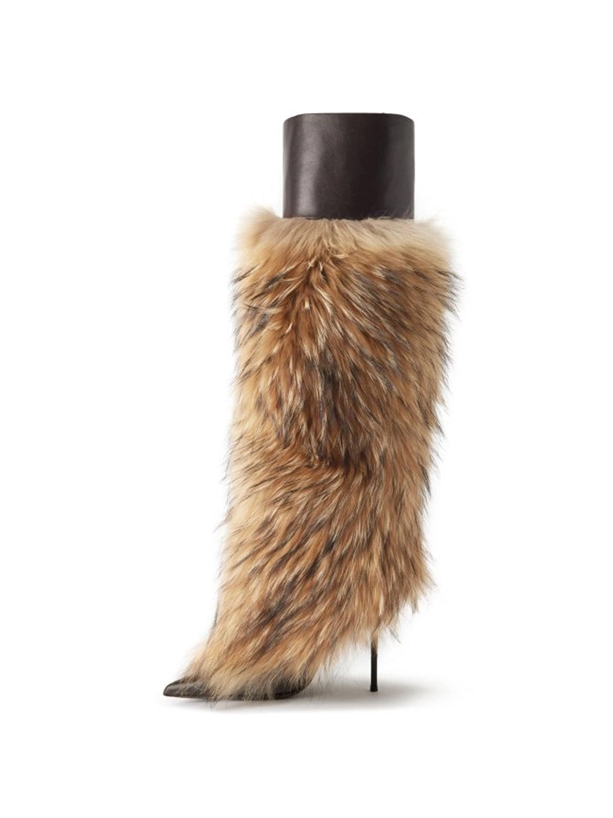 Brown Vegan Leather Pointed-Toe Shaft Plush Wide Calf Knee High Stiletto Boots