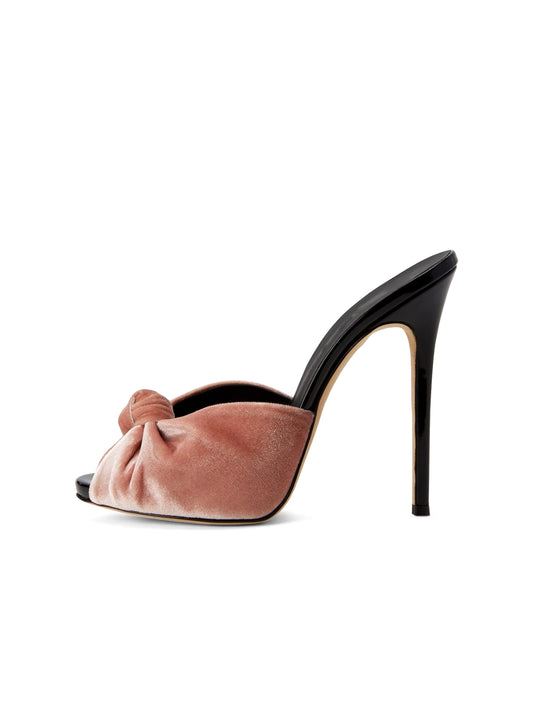 Pink Velvet Peep Round-Toe Backless Slip-On High Heels