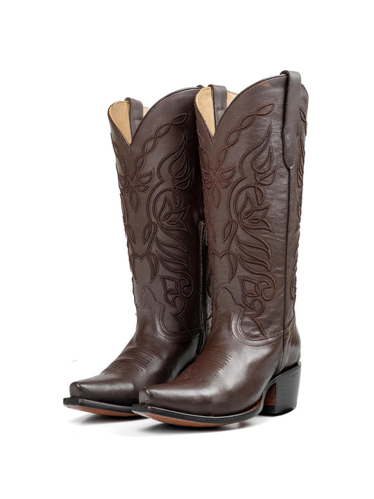Snip-Toe Sleek Embroidery Half-Zip Knee High Cowgirl Boots For Woman - Brown