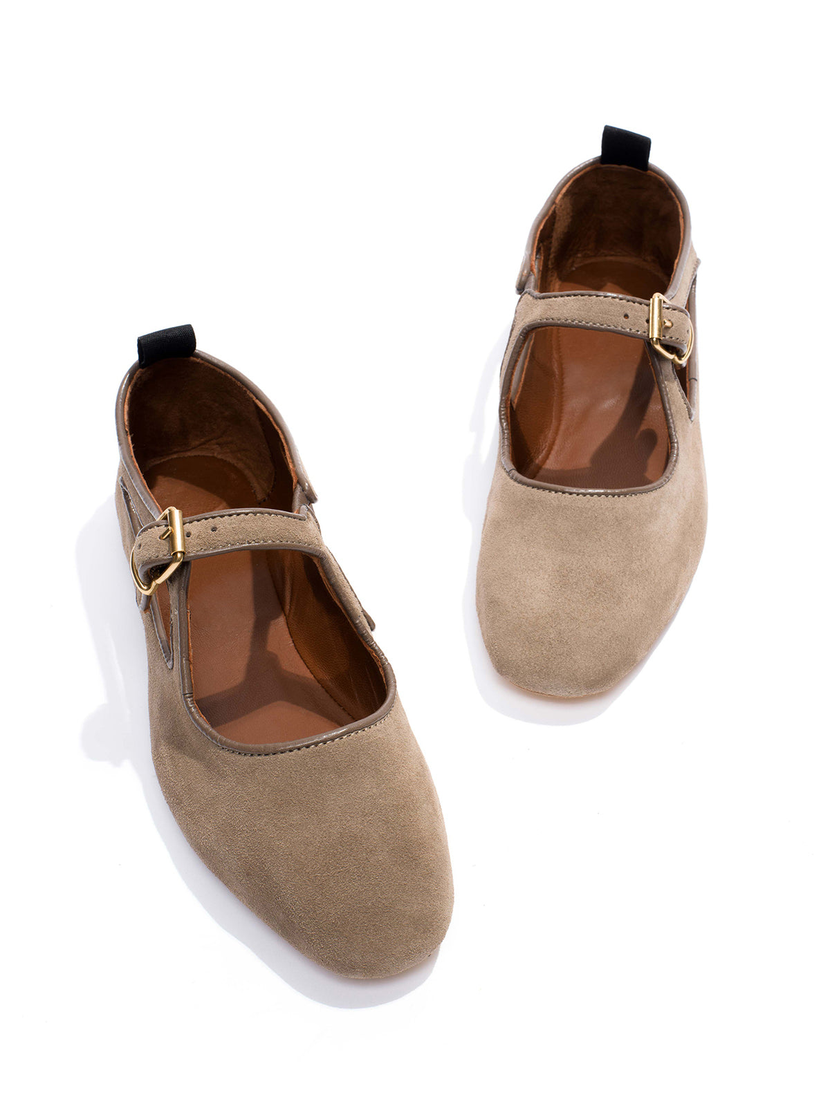 Square-Toe Buckle Strap Chic Flats - Taupe Faux Suede