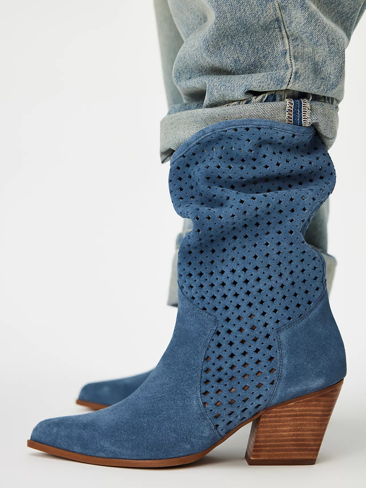 Blue Faux Suede Pointed-Toe Slouchy Perforated Wide Mid Calf Cowgirl Boots
