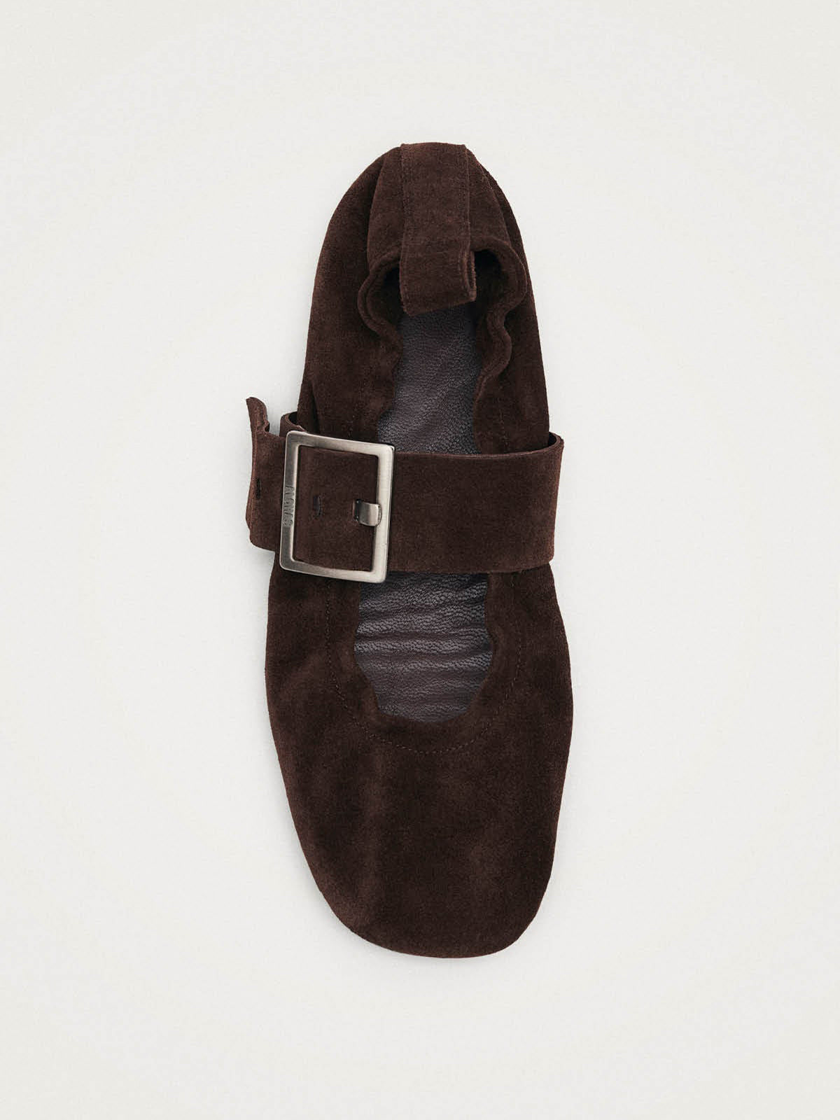 Brown Faux Suede Square-Toe Big Buckle Middle Strap Chic Ballet Flats