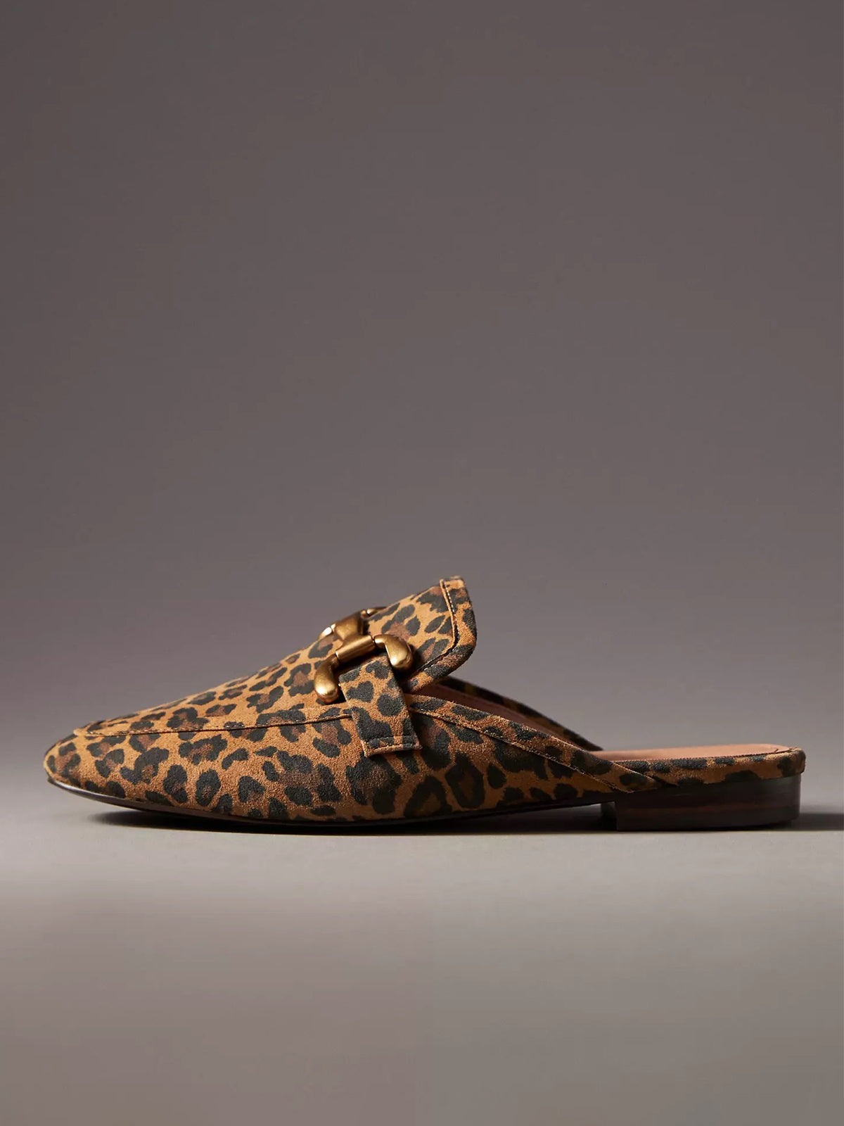 Leopard Faux Suede Square-Toe Slip-On Front Metal Detail Flats Loafers