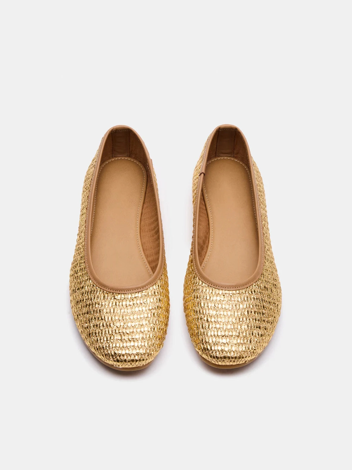 Gold Round-Toe Woven Classic Ballet Flats