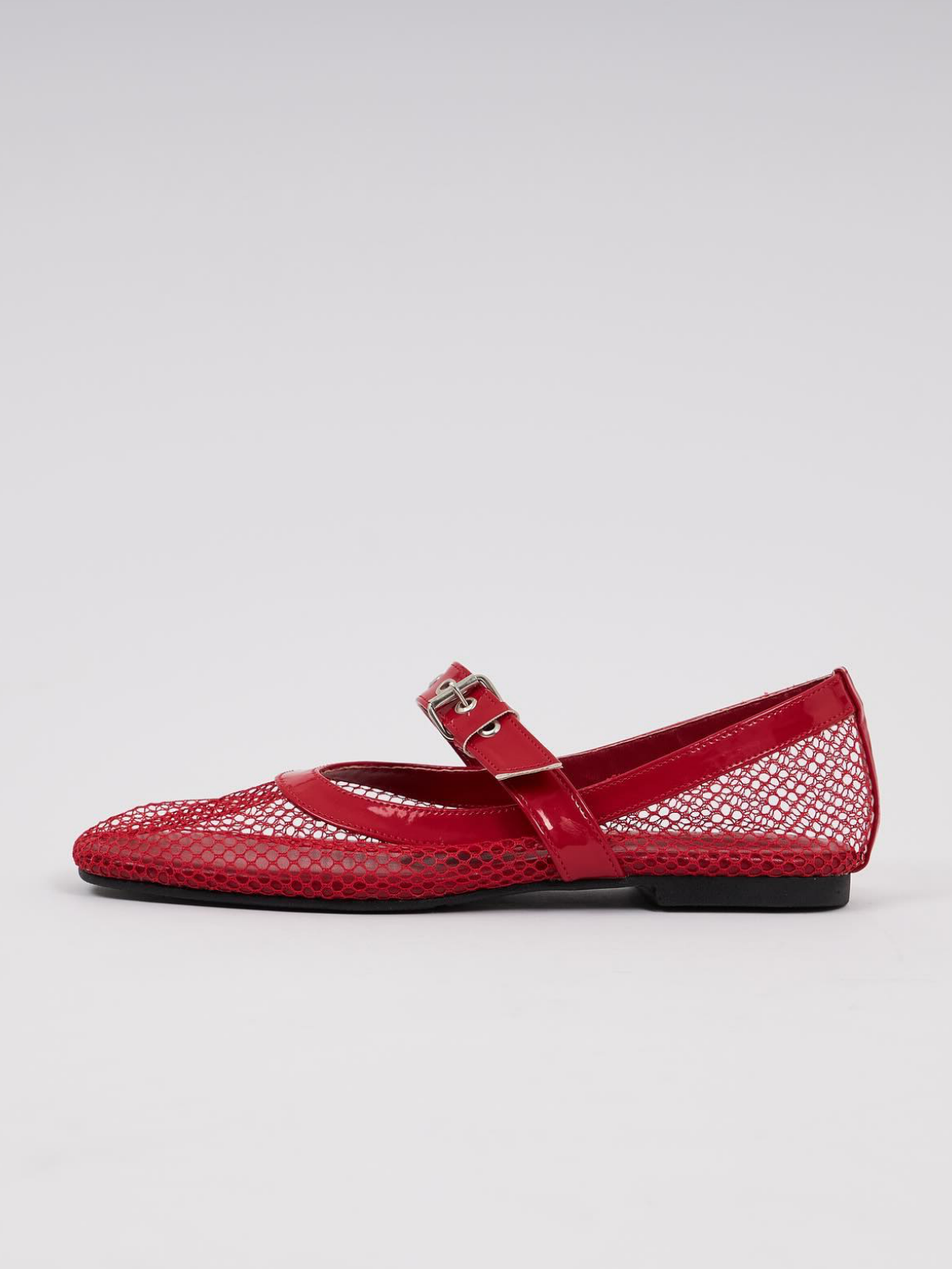 Red Fishnet Square Toe Ballet Flats Grommet Buckle Strap Mary Janes