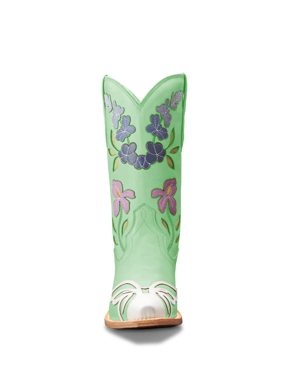 Light Green Snip-Toe Flower Applique Mid Calf Pull On Cowgirl Boots