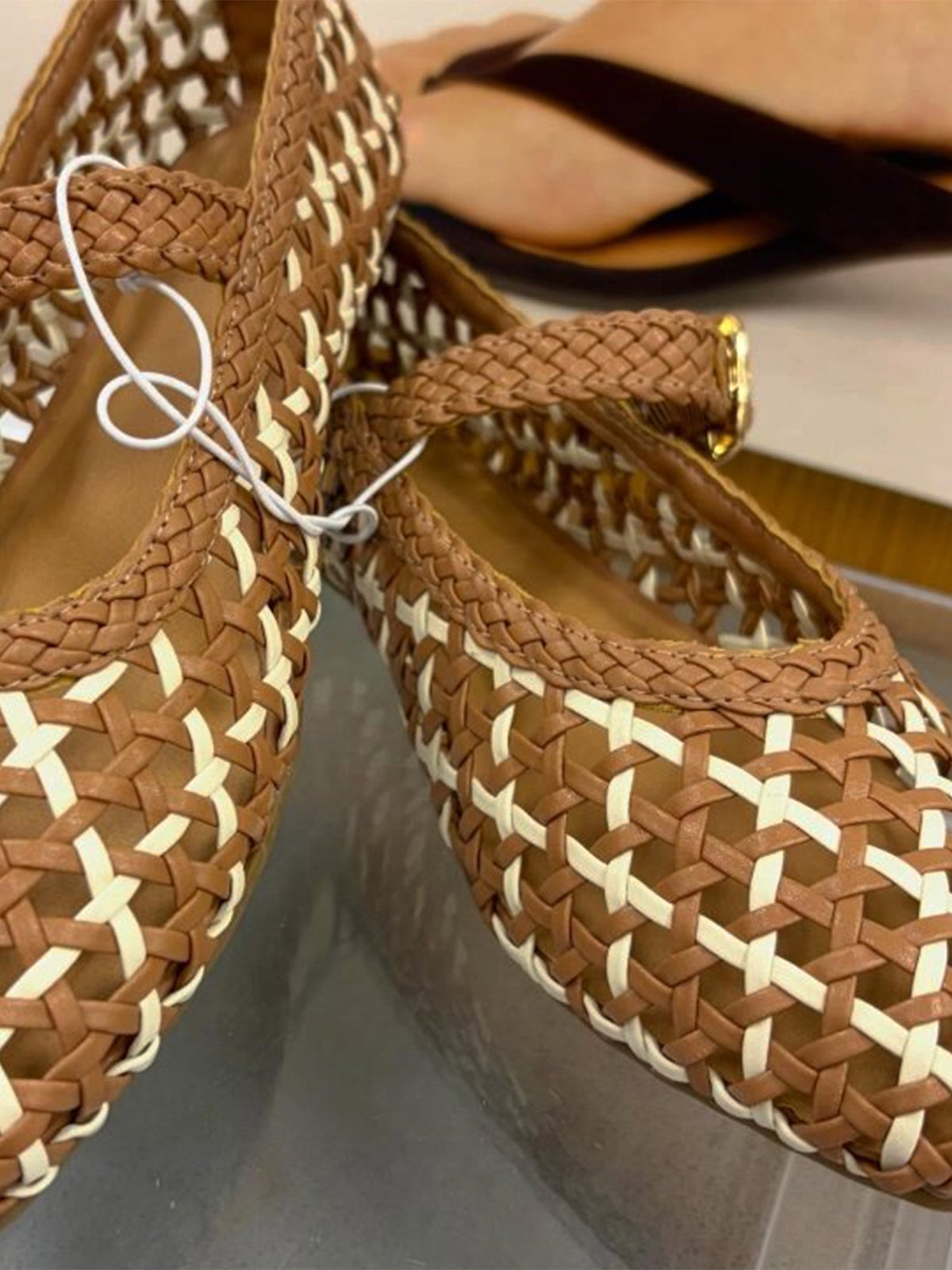 Cognac Woven Vegan Leather Square-Toe Buckle Mary Jane Classic Flats