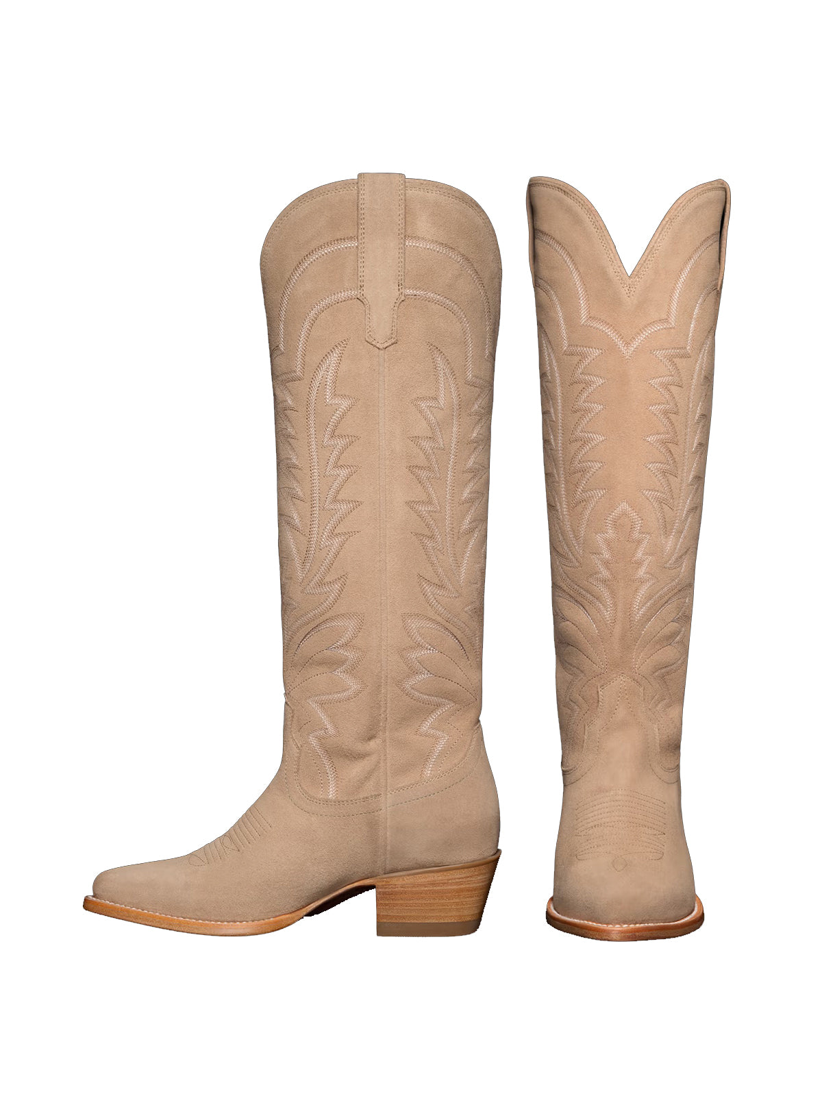 Western Embroidery Almond-Toe Tall Knee High Cowgirl Boots - Sand Faux Suede