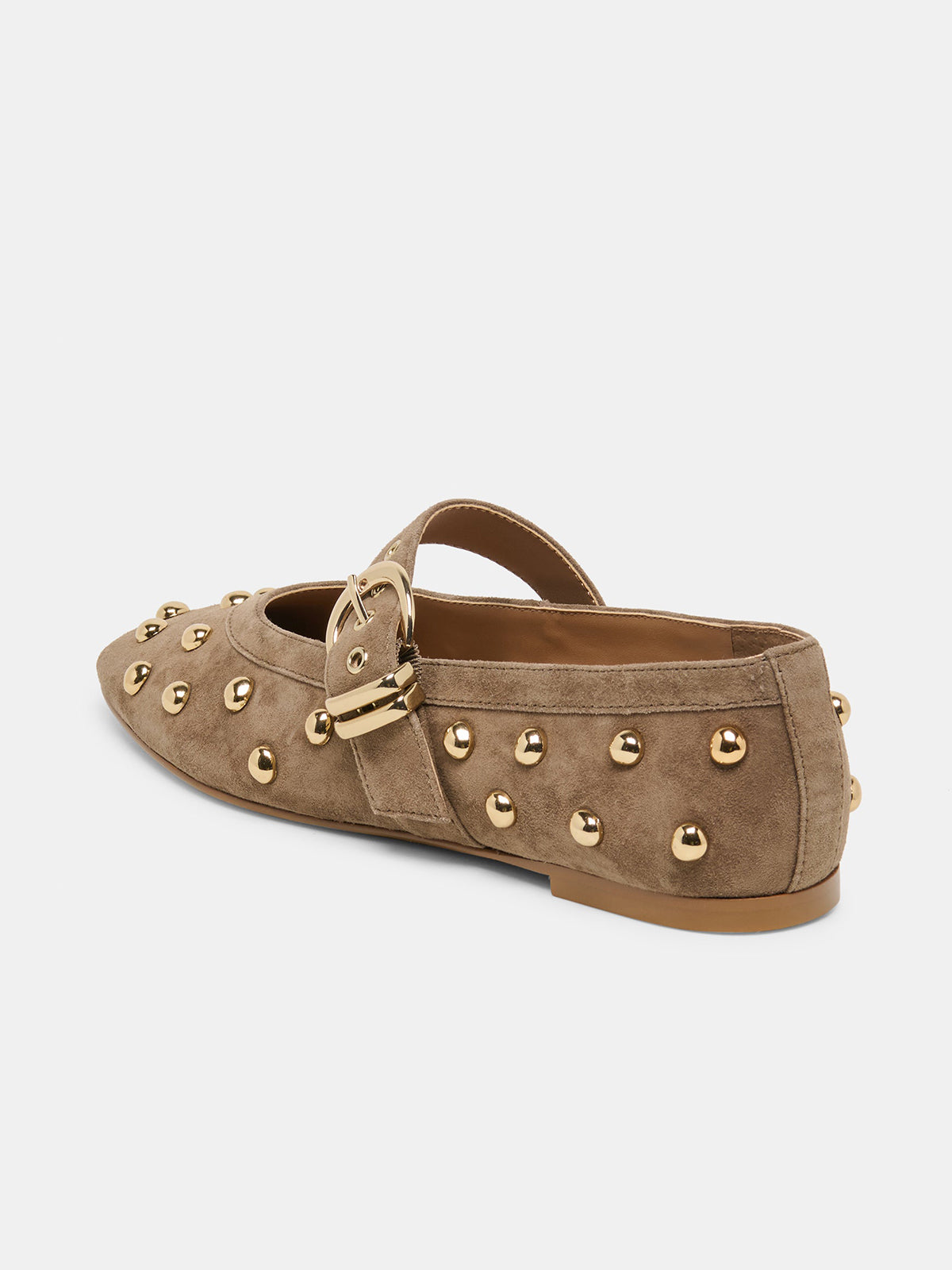 Olive Green Faux Suede Square-Toe Studs And Mary Jane Ballet Flats