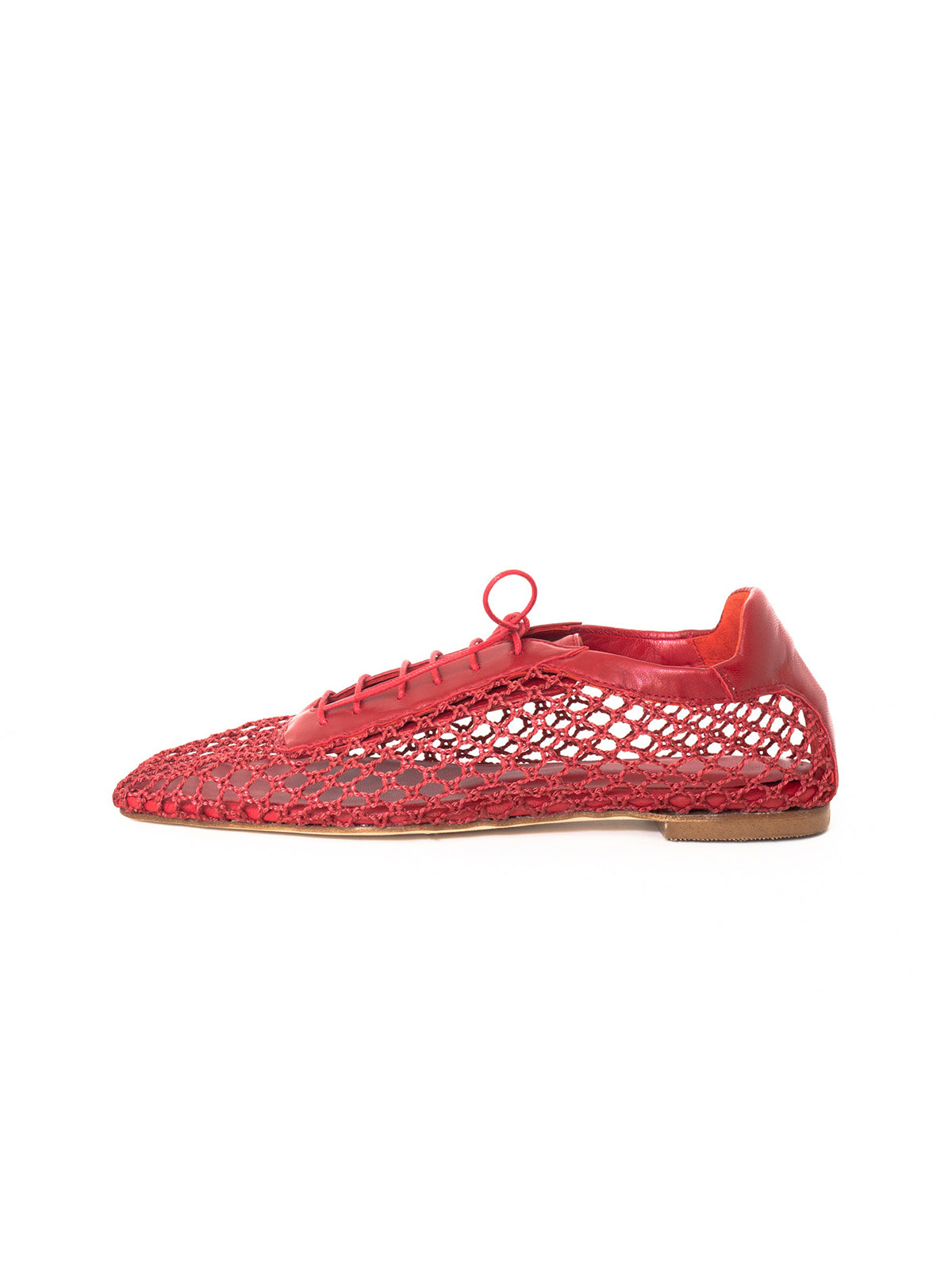 Red Mesh And Vegan Leather Square-Toe Lace-Up Chic Flats