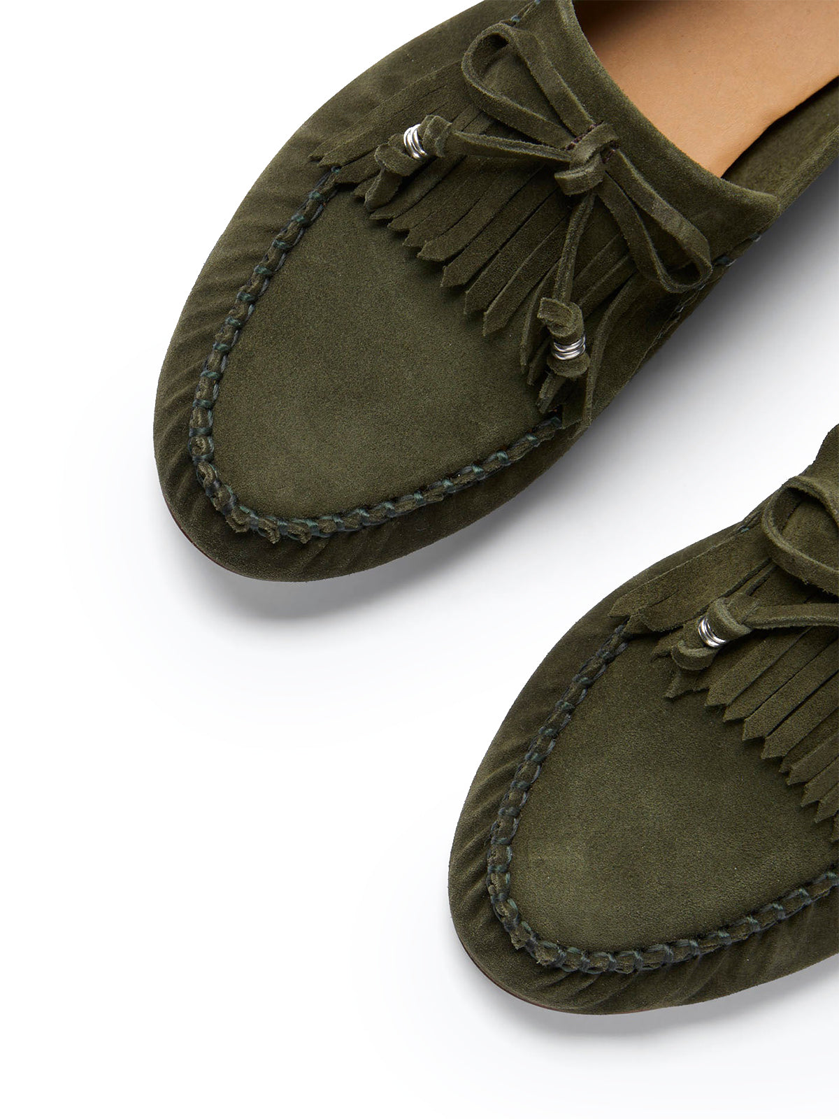 Coffee Cow Suede Round-Toe Front Bow And Fringe Flats