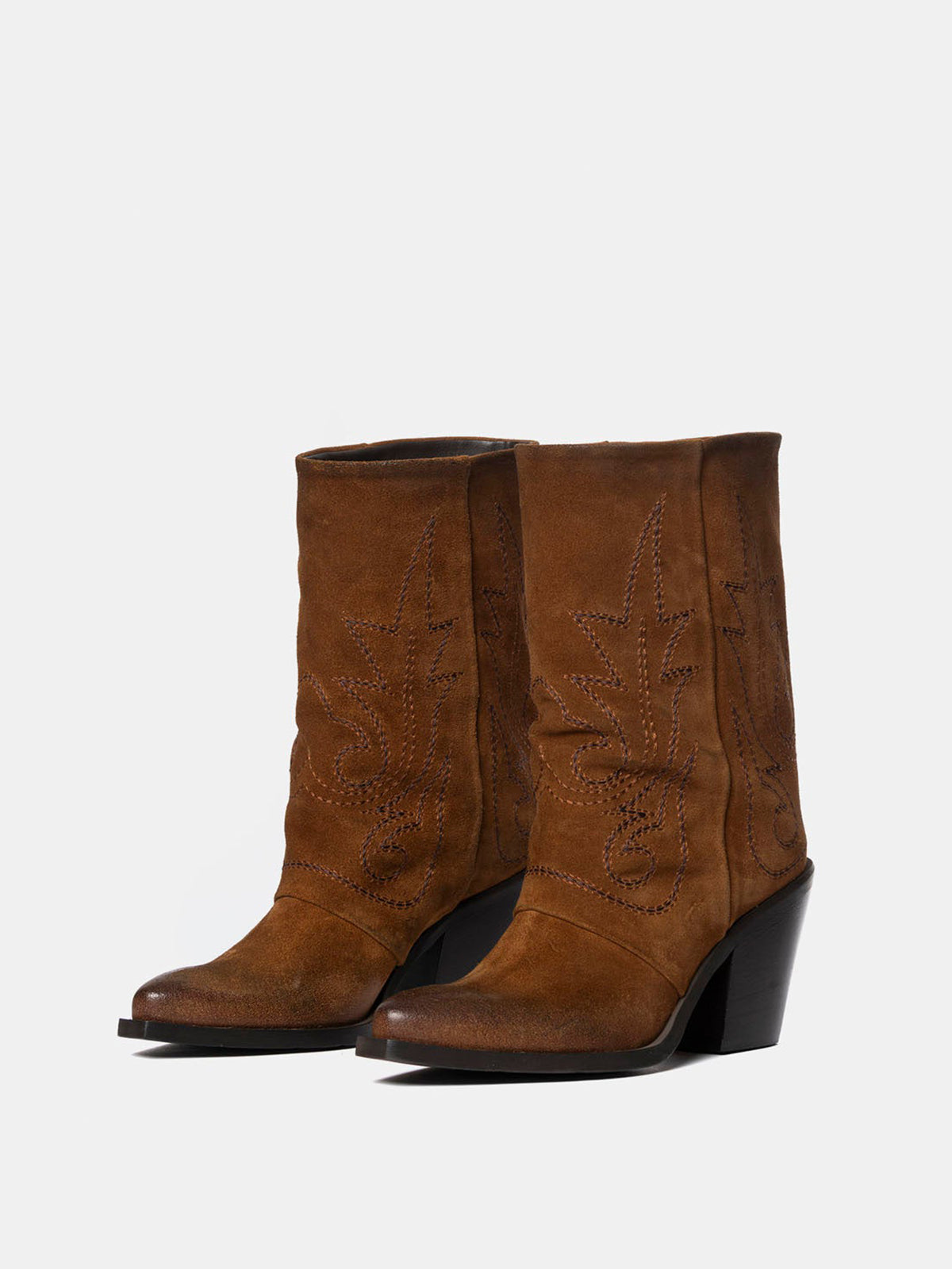 Brown Snip-Toe Faux Suede Embroidery Mid Calf Cowgirl Boots