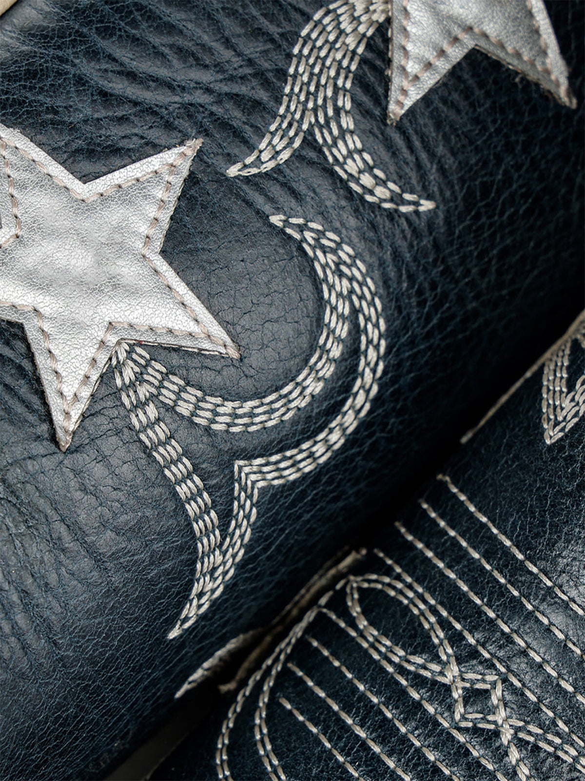 Navy Snip-Toe Chic Star Inlay With Embroidery Wide Calf Knee High Cowgirl Boots