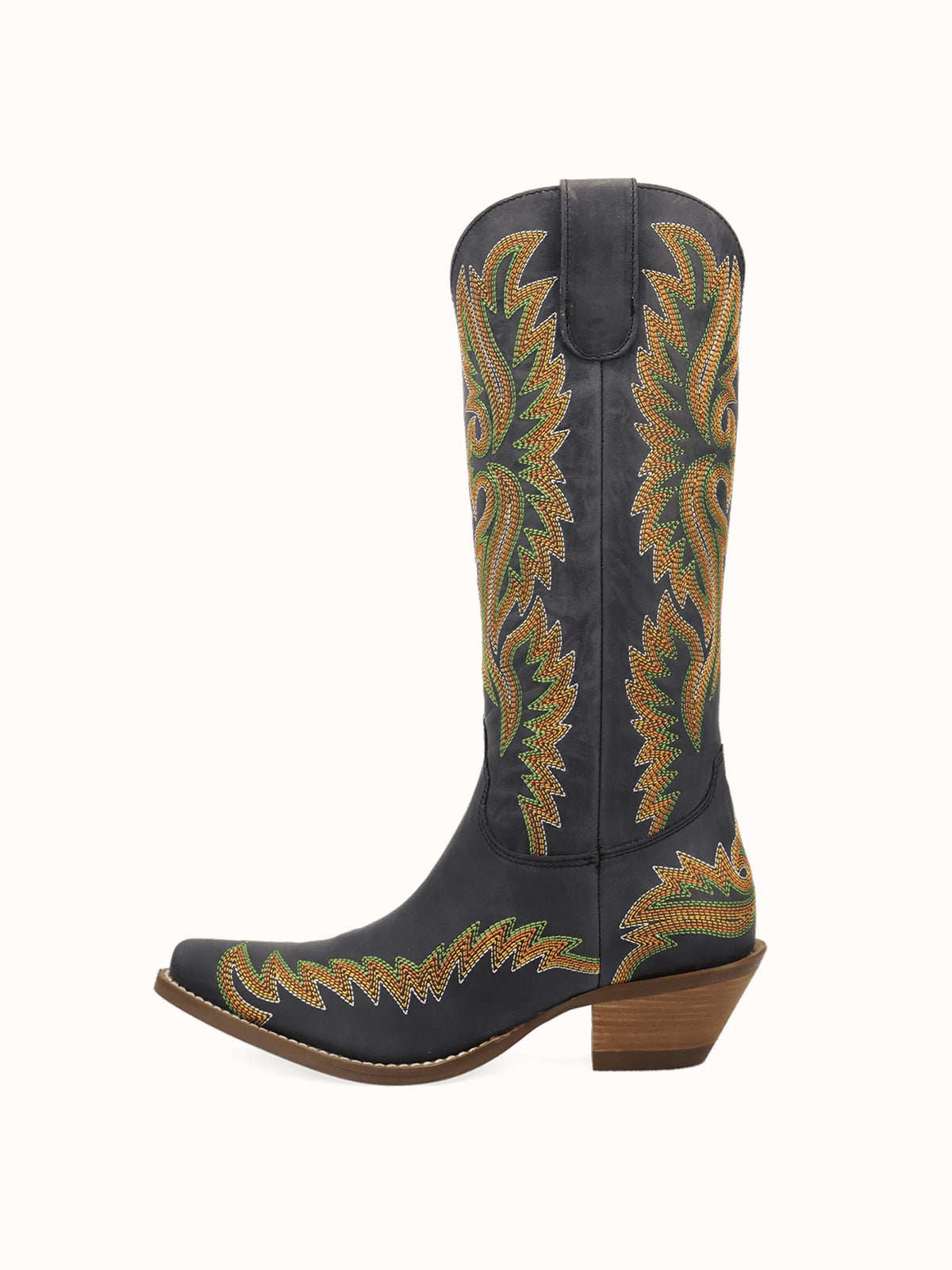 Black Snip-Toe Chic Flame Embroidery Sleek Mid Calf Cowgirl Boots
