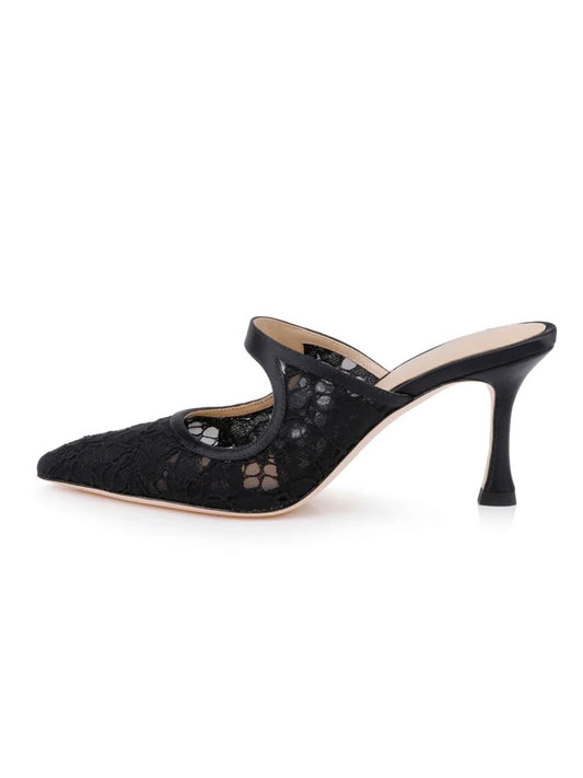 Black Lace Mesh And Satin Pointed-Toe Mary Jane Slip-On High Heels