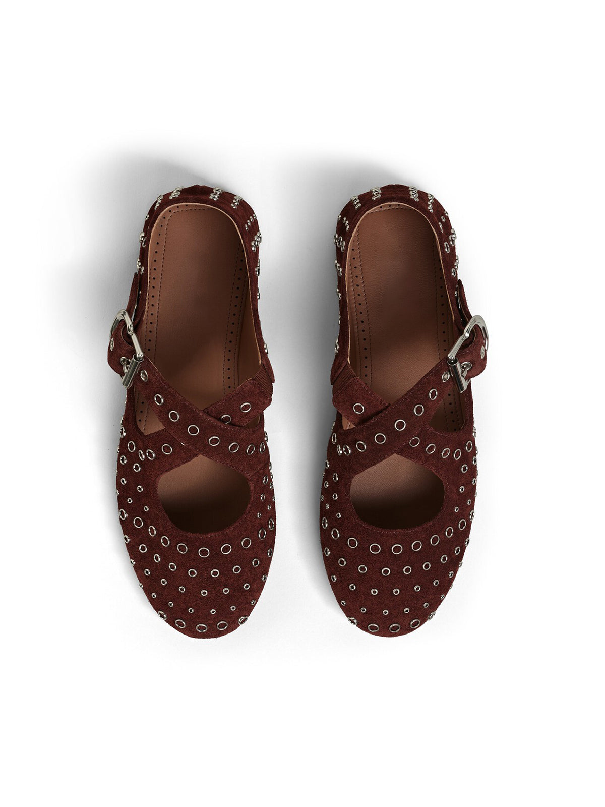 Brown Faux Suede Round-Toe Criss Cross Strap Ballet Flats With Eyelets