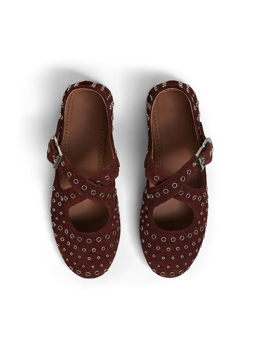 Brown Faux Suede Round-Toe Criss Cross Strap Ballet Flats With Eyelets