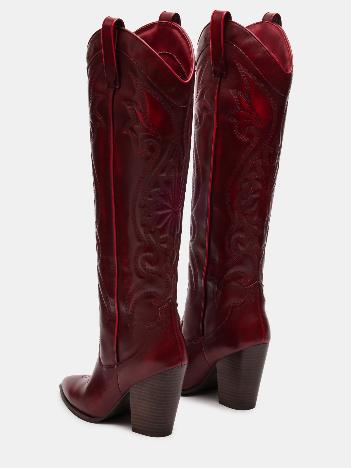 Wine Red Embroidery Pointed-Toe Tall Wide Calf Knee High Cowgirl Boots