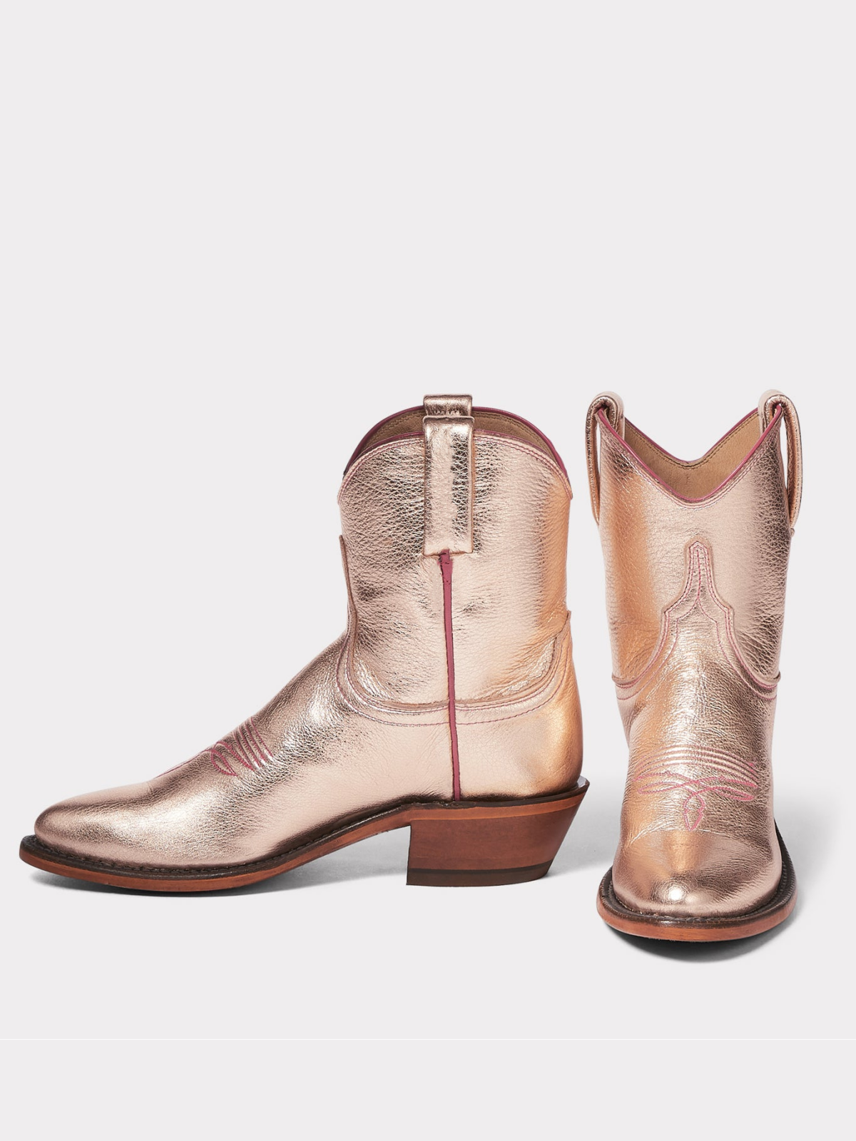 Metallic Rose Gold Almond-Toe Wide Mid Calf Western Boots For Women