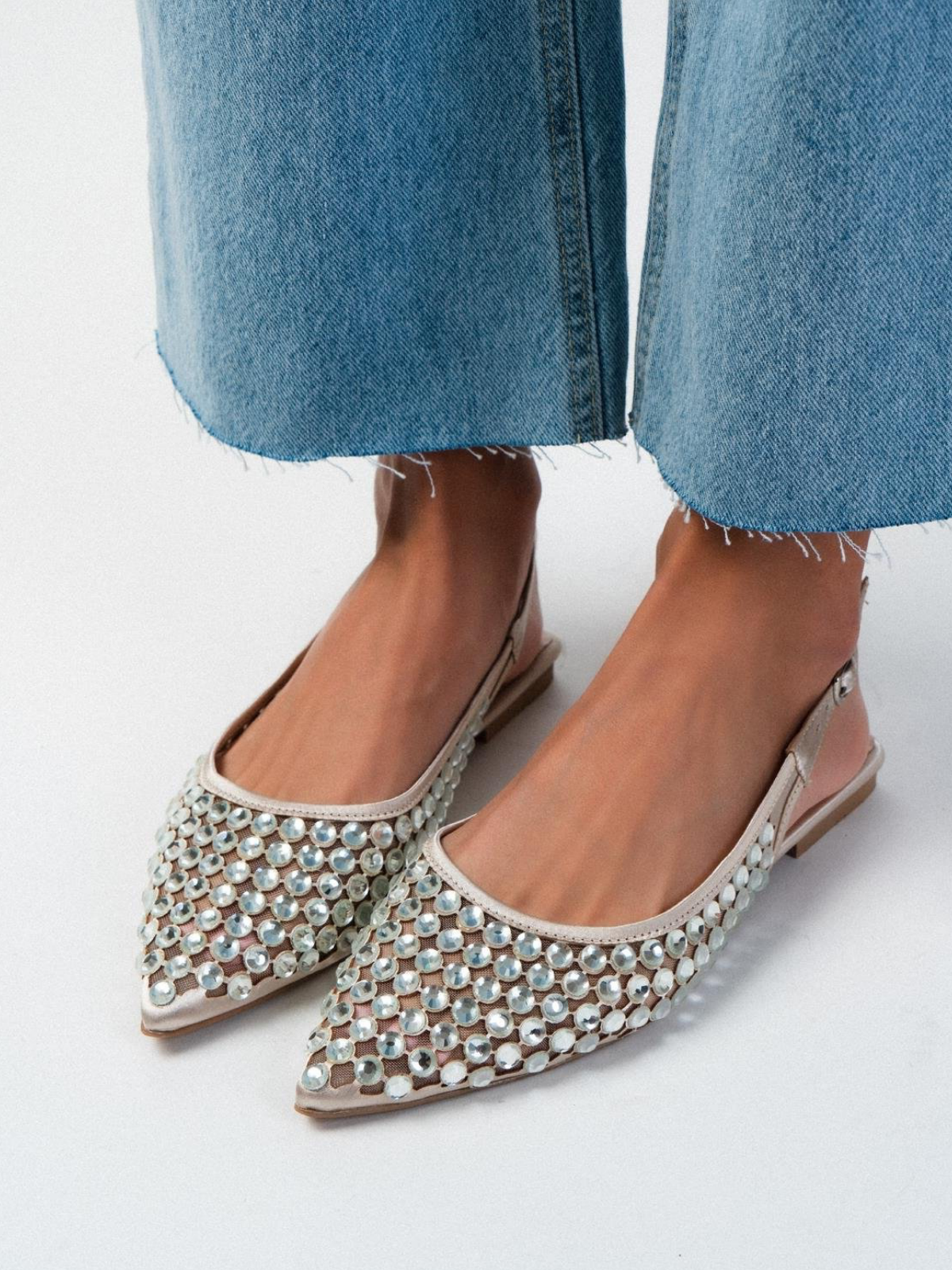 Rose Gold Sparkle Rhinestone Pointy Slingback Ballerina Flats In Satin & Mesh