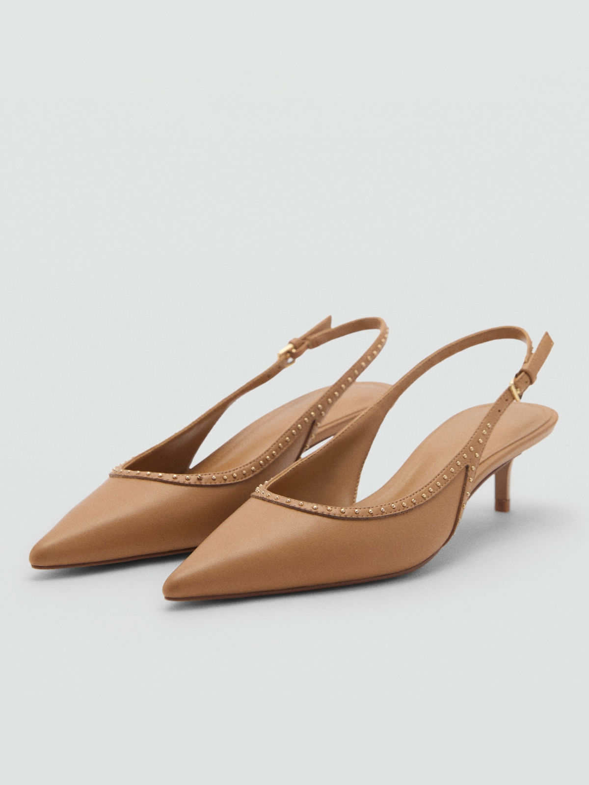 Brown Pointed-Toe Small Studded Kitten Heels With Slingback