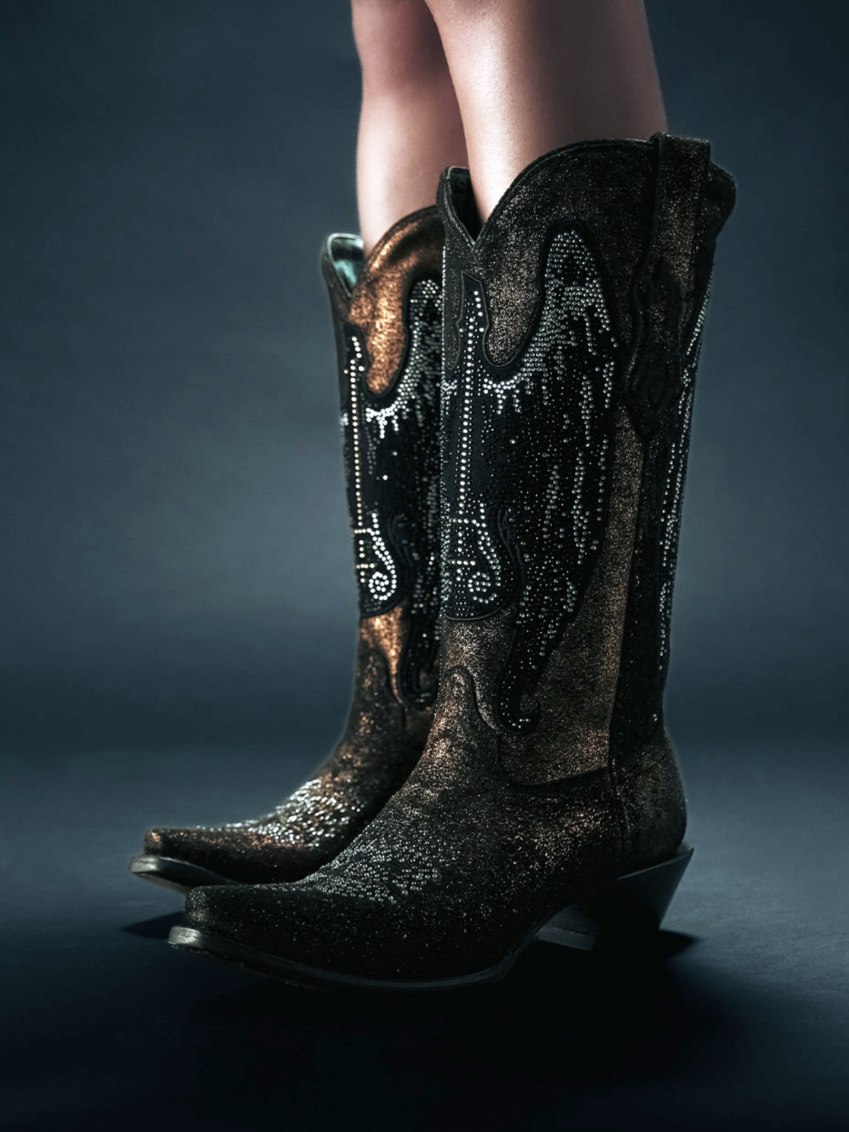 Metallic Bronze Snip-Toe Studded Rhinestone Wide Mid Calf Tall Cowgirl Boots