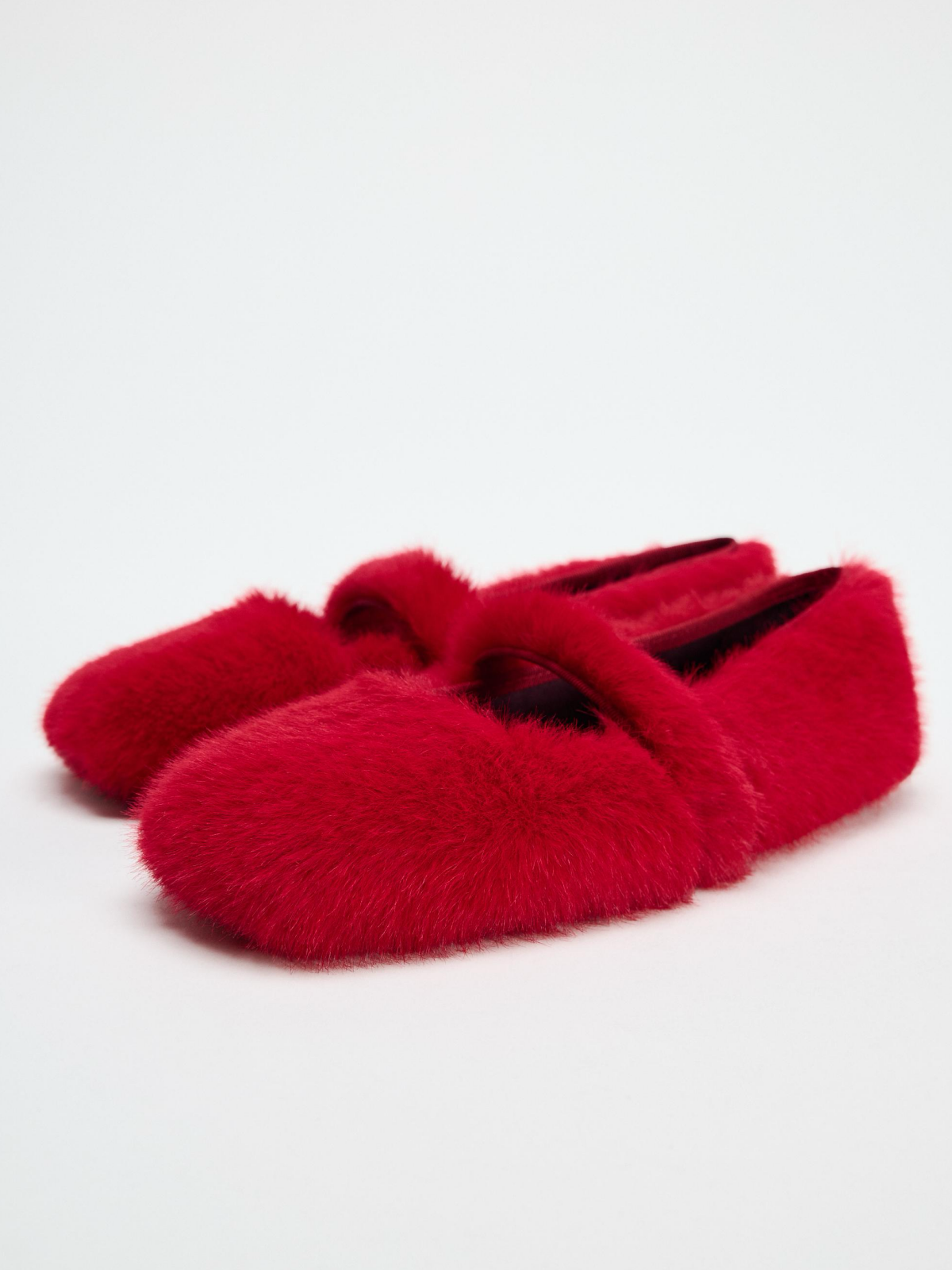 Red Faux Fur Round-Toe Front Strap Ballet Flats