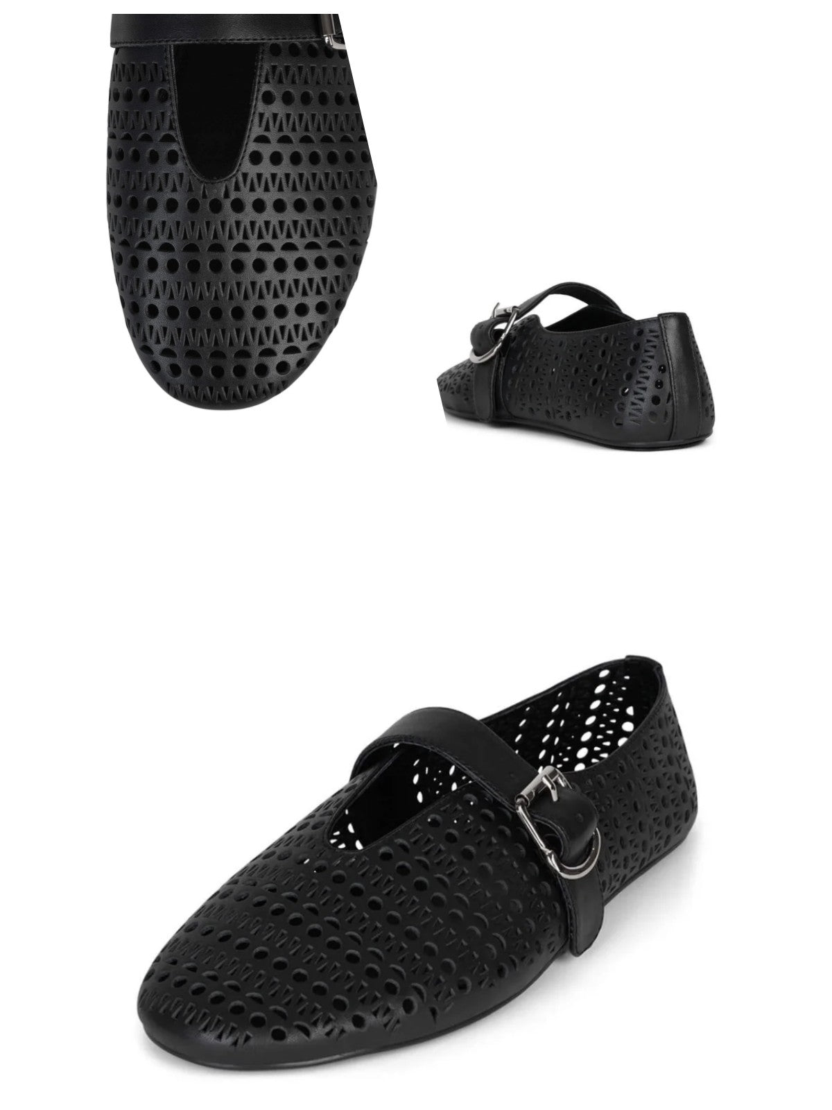 Black Perforated Flats Cutout Mary Janes With Buckled Strap