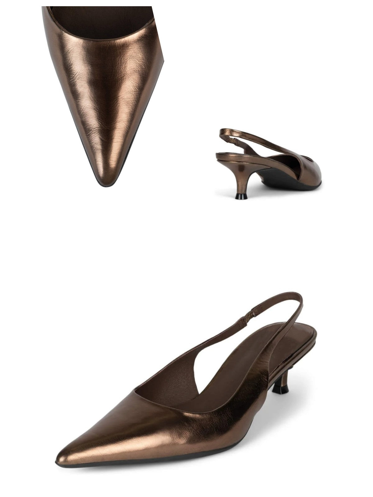 Women Metallic Bronze Crinkle Pointy Kitten Heels Slingback Pumps